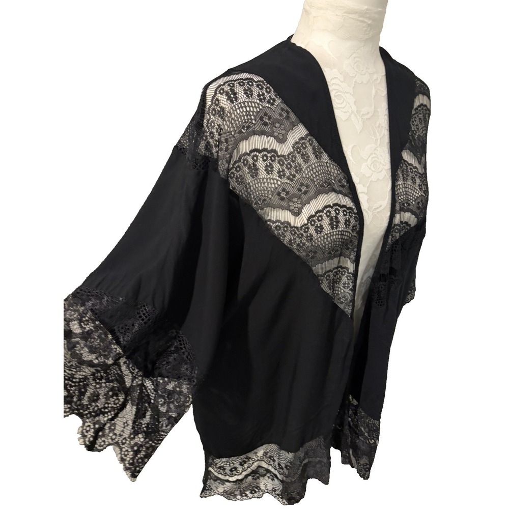 American Rag Black Kimono Cardigan~S/M~Lace Insets Flowy Whimsigoth Dark Fairy